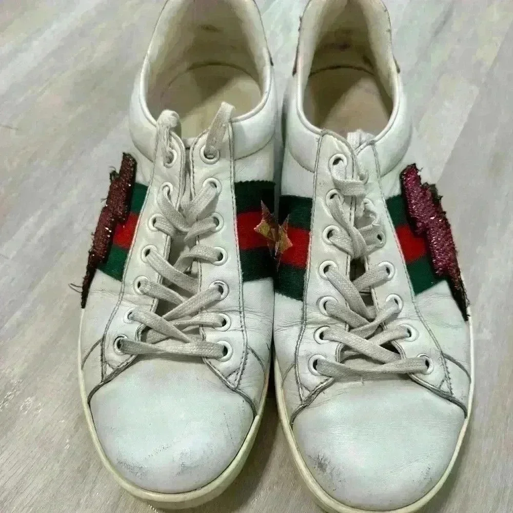 Gucci Ace Sneakers Mens 8 White Leather Crystal Lightning Bolt Web Stripe 433738